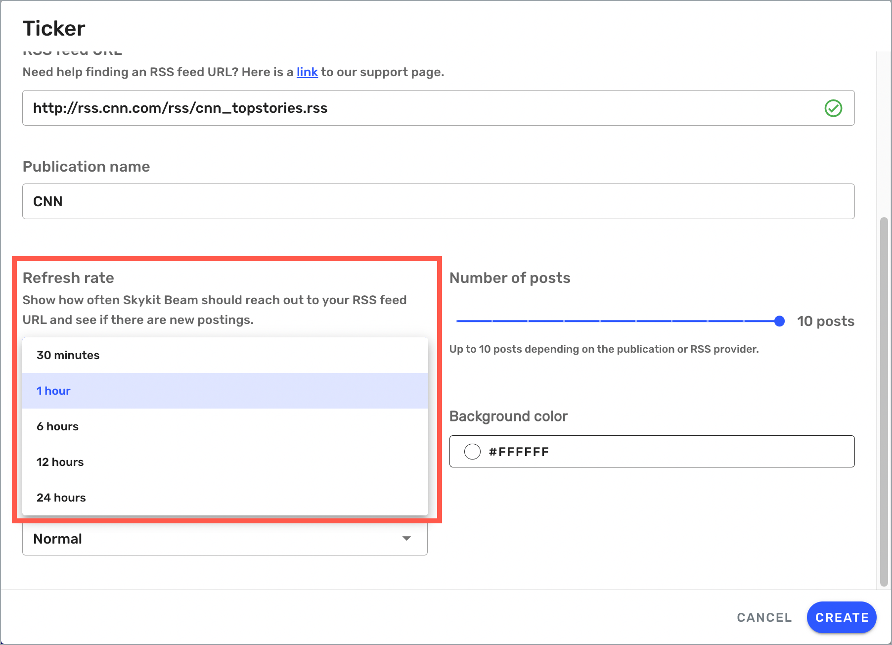 Ticker Settings window - Refresh Rate options highlighted