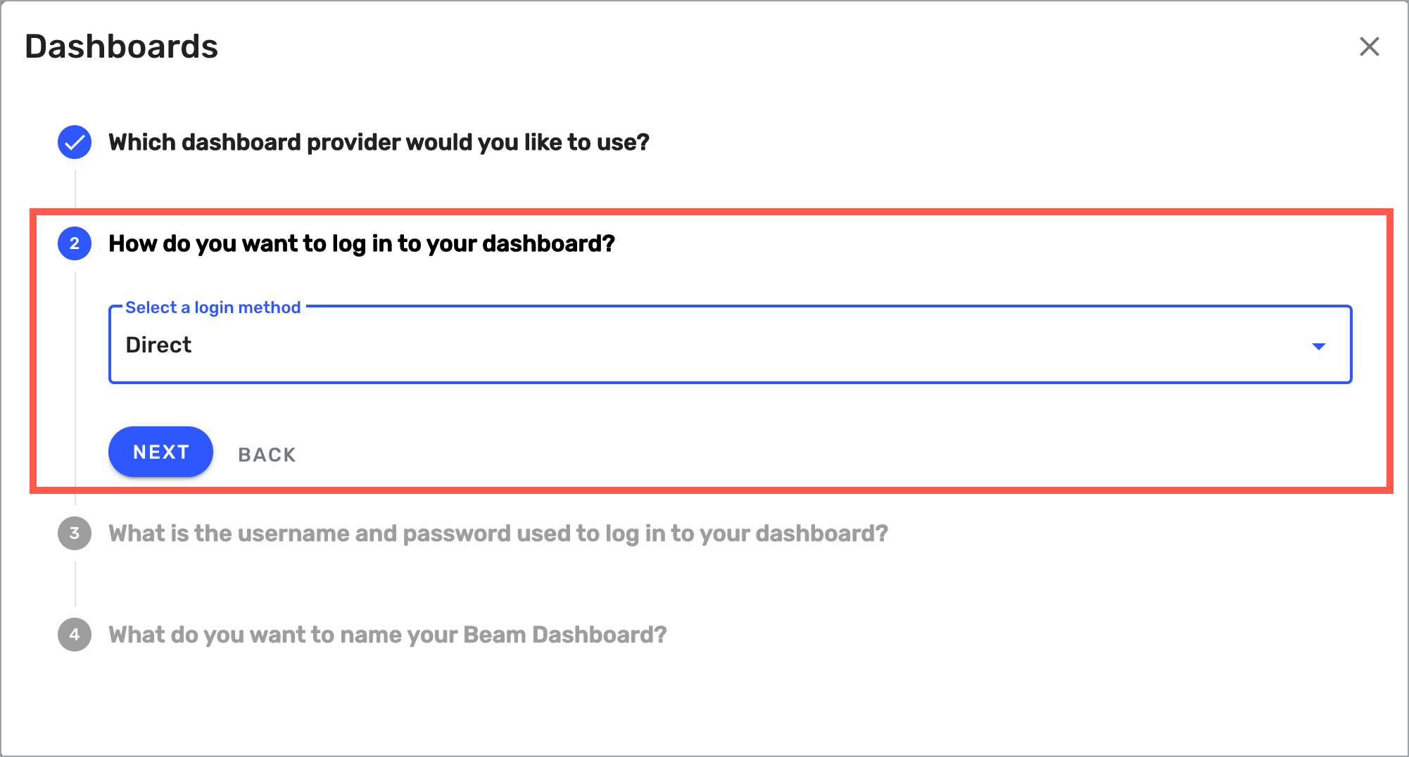 Dashboard Settings window - Login method highlighted