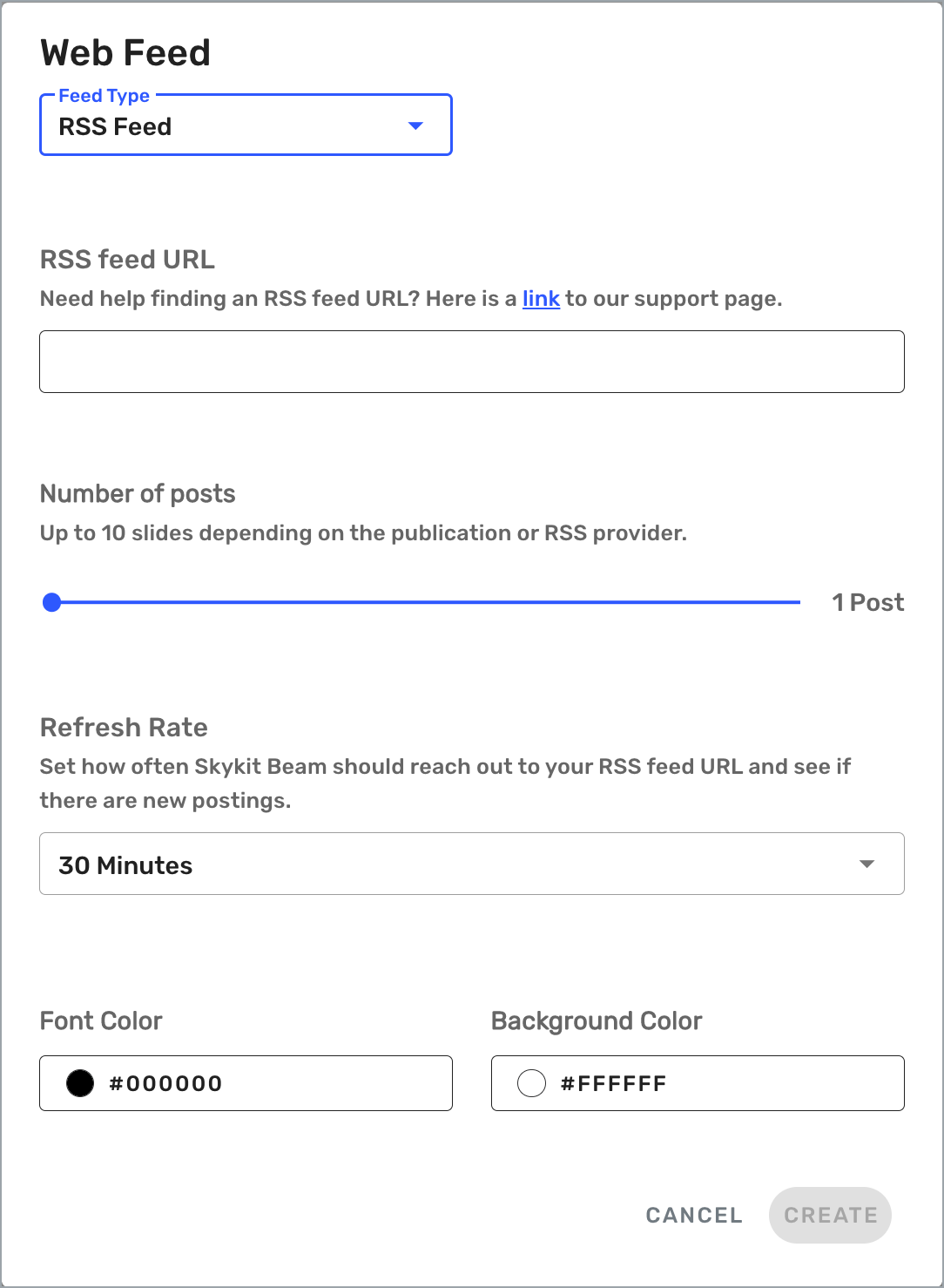 RSS Feed Settings window