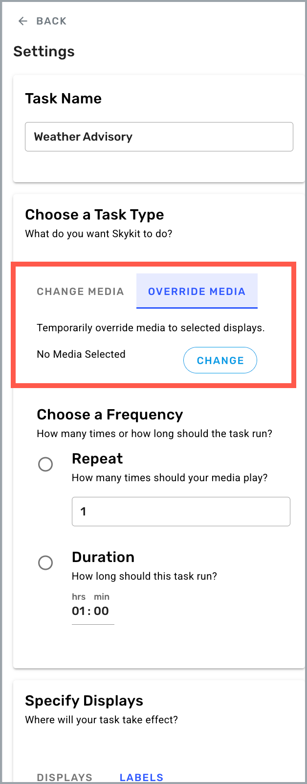 Task Settings drawer - Override Media tab highlighted