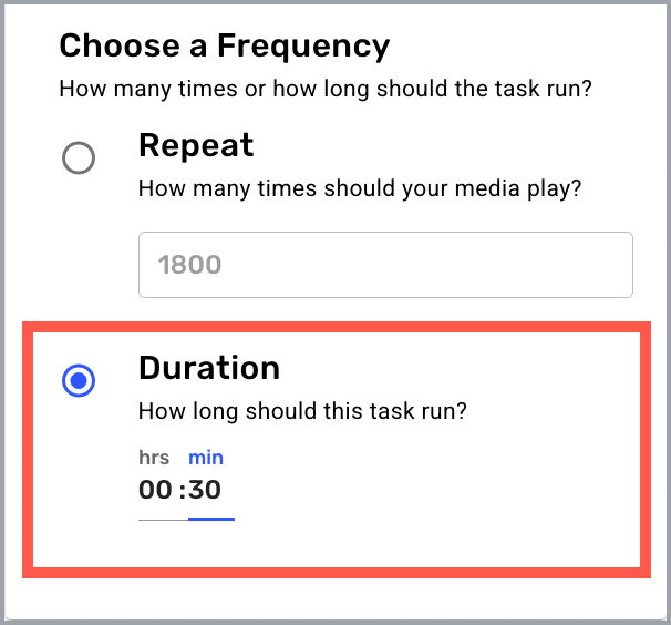 Tasks Settings drawer - Duration frequency highlighted