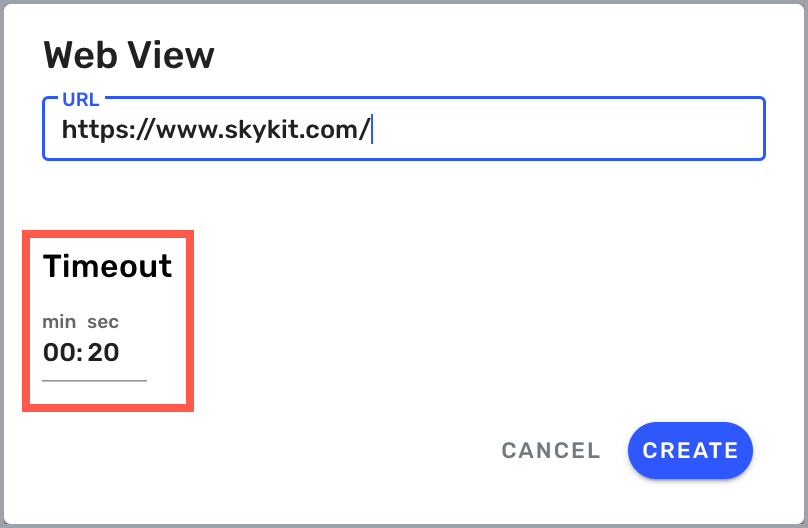 Web View Settings - Timeout field highlighted