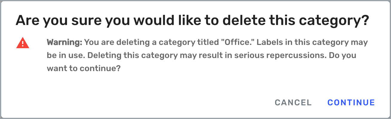 Warning message asking you to confirm deletion of label category