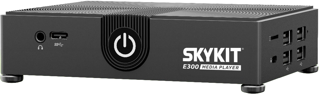 Skykit E300 media player, front and side view