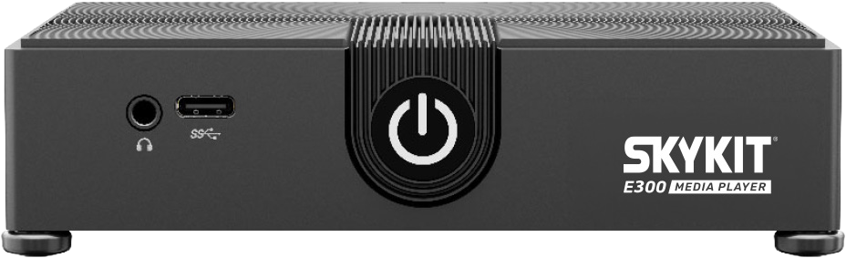 Front of the E300 showing the audio jack, USB-C port and power button