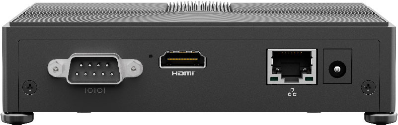 Back of the E300 showing the serial port, HDMI port, Ethernet port and DC-IN power port