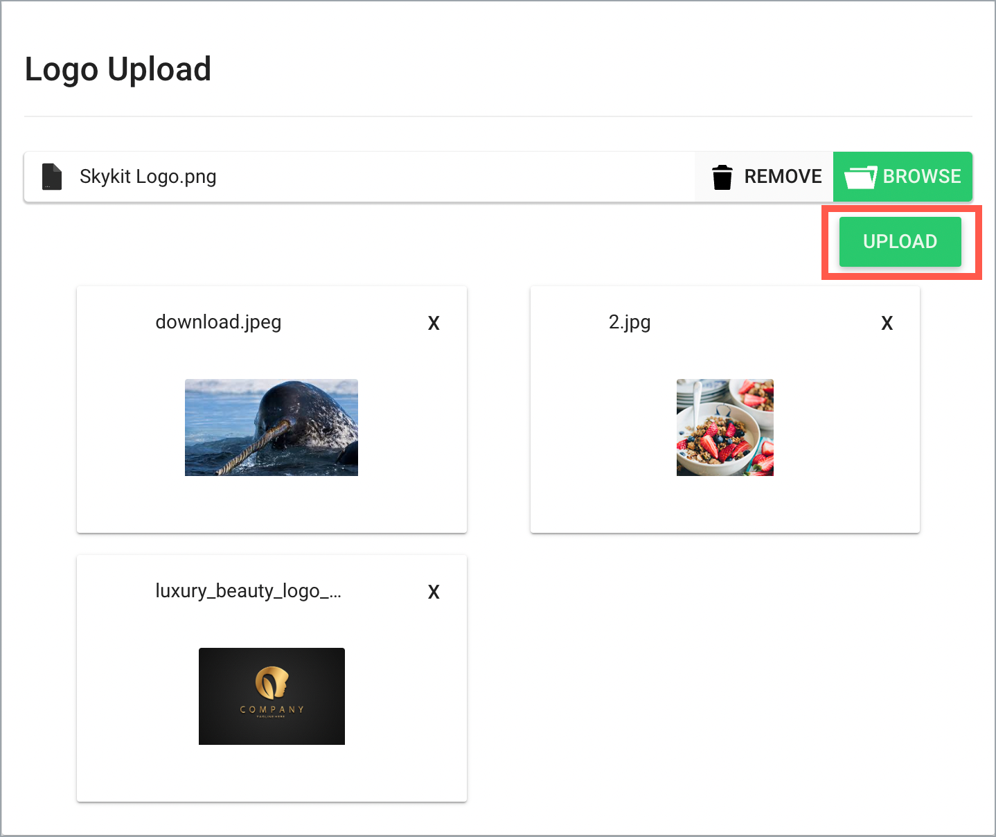 Logo Upload section - Upload button highlighted