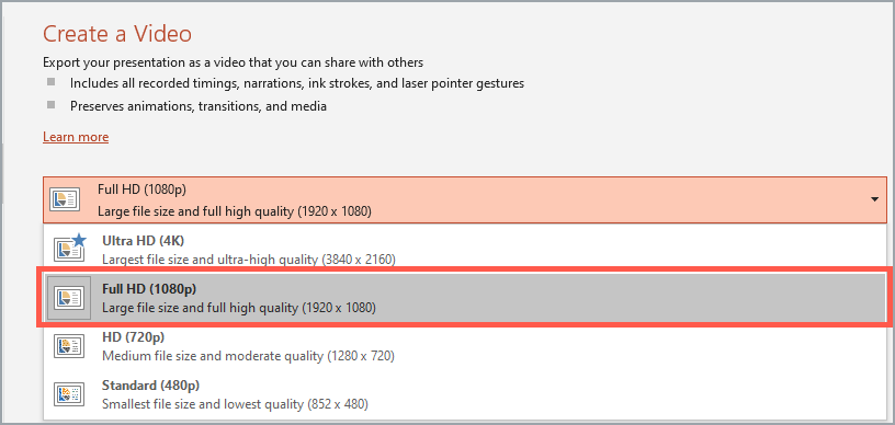 Create video from PowerPoint - Full HD presentation quality selected