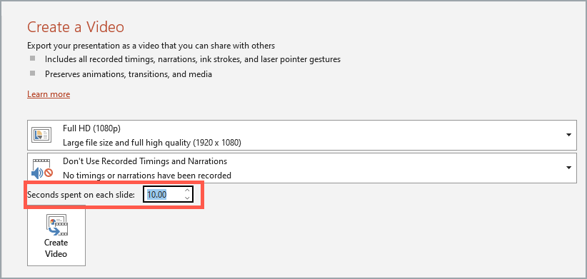 Create video from PowerPoint - select time spent on each slide