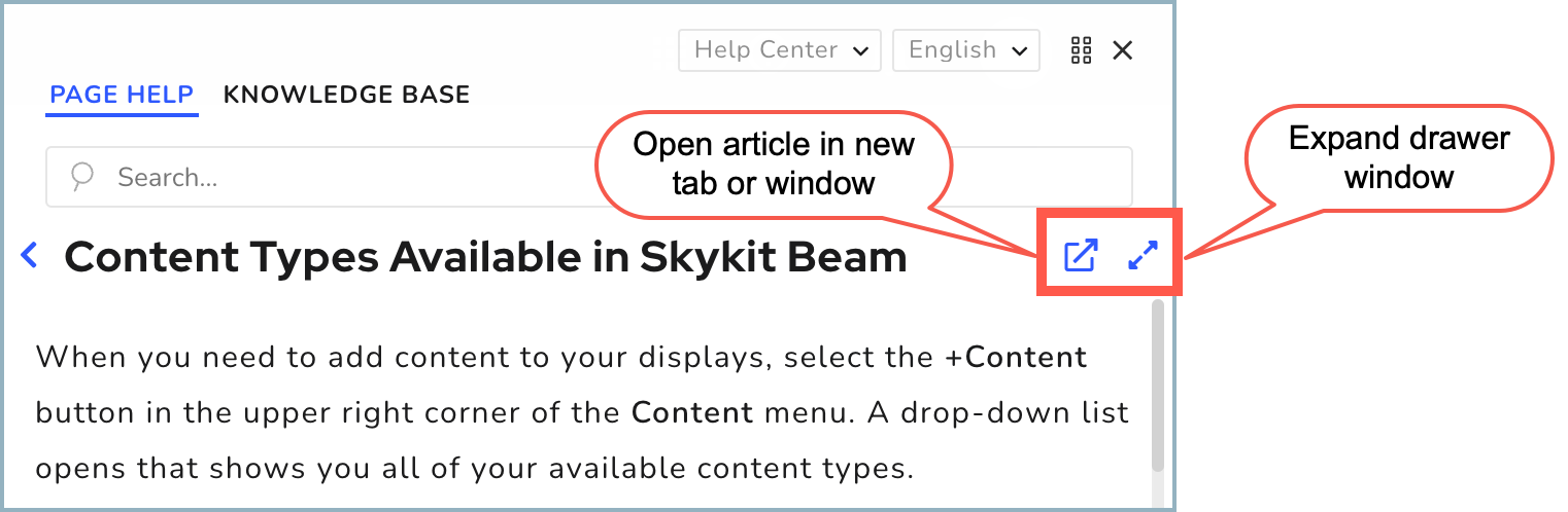 Help Center drawer - Open article and Expand icons highlighted