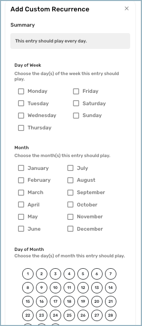 Playlist Entry Settings drawer - Add Custom Recurrence play rules highlighted