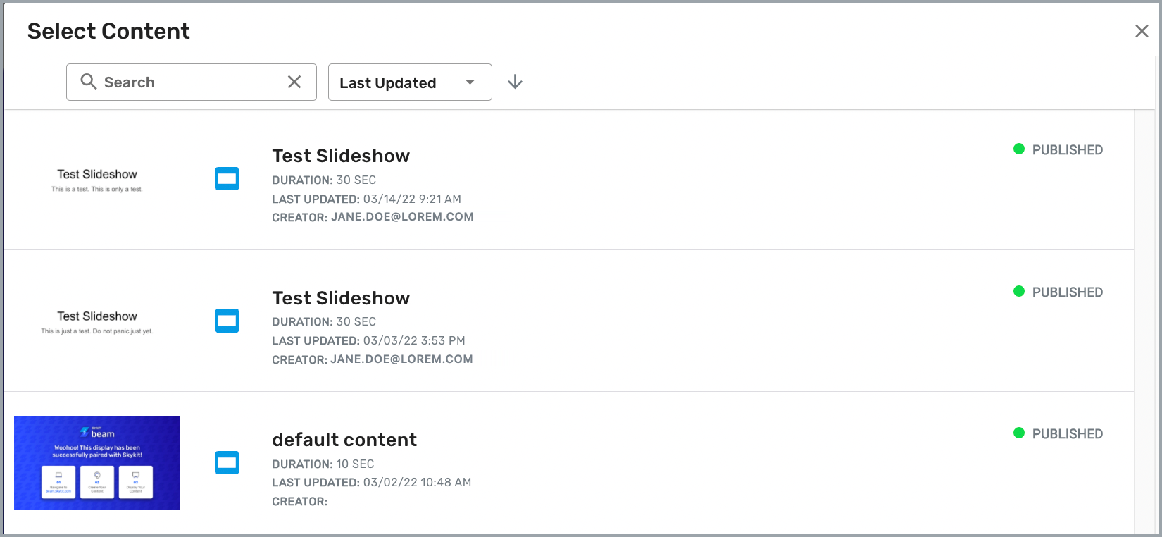 Select Content window