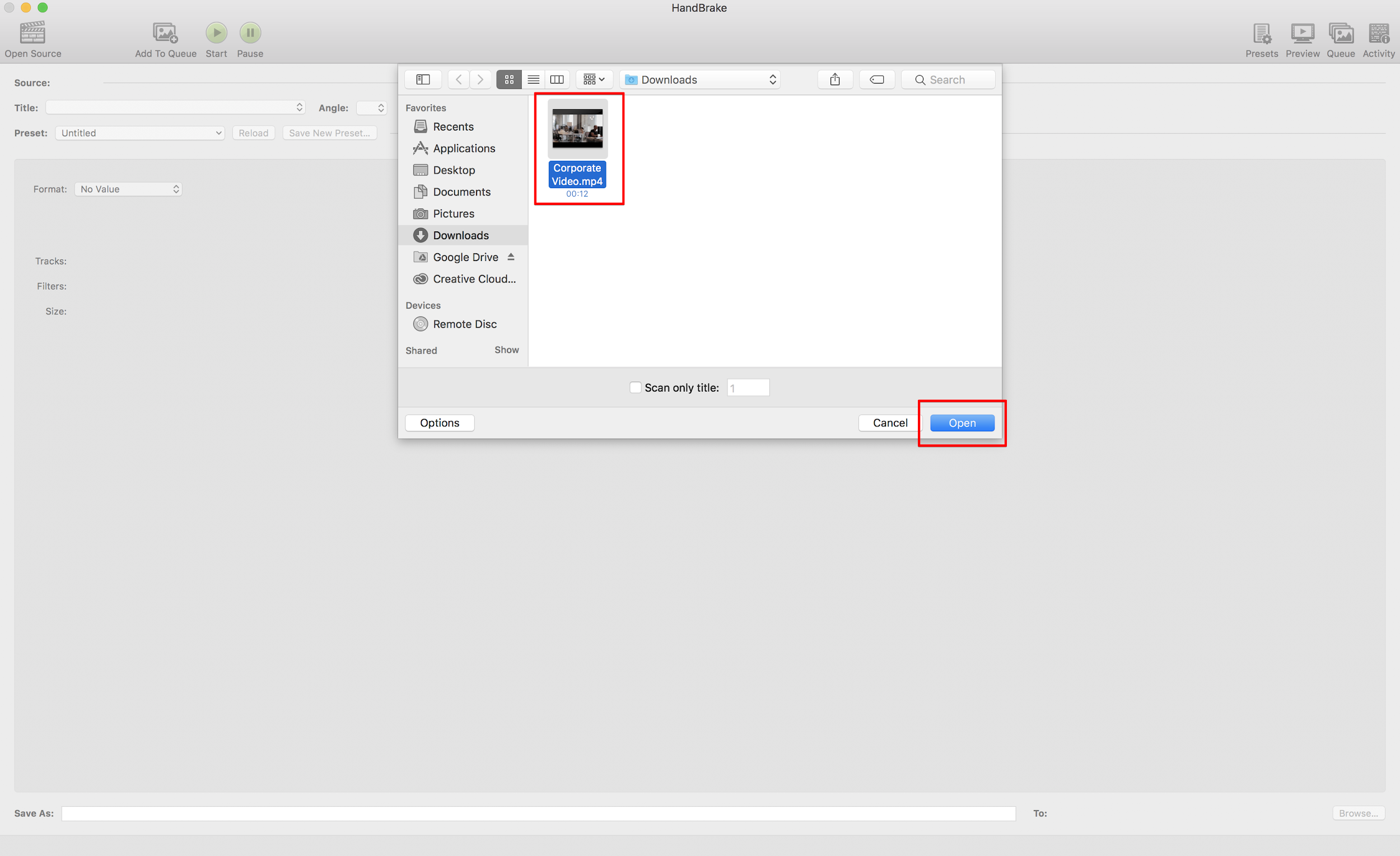 HandBrake - open file
