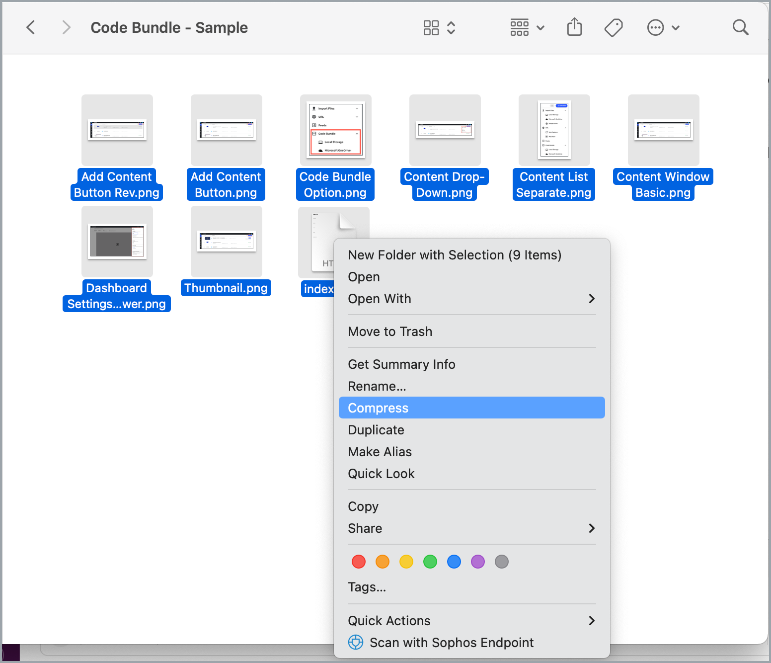 Files selected - Compress option highlighted