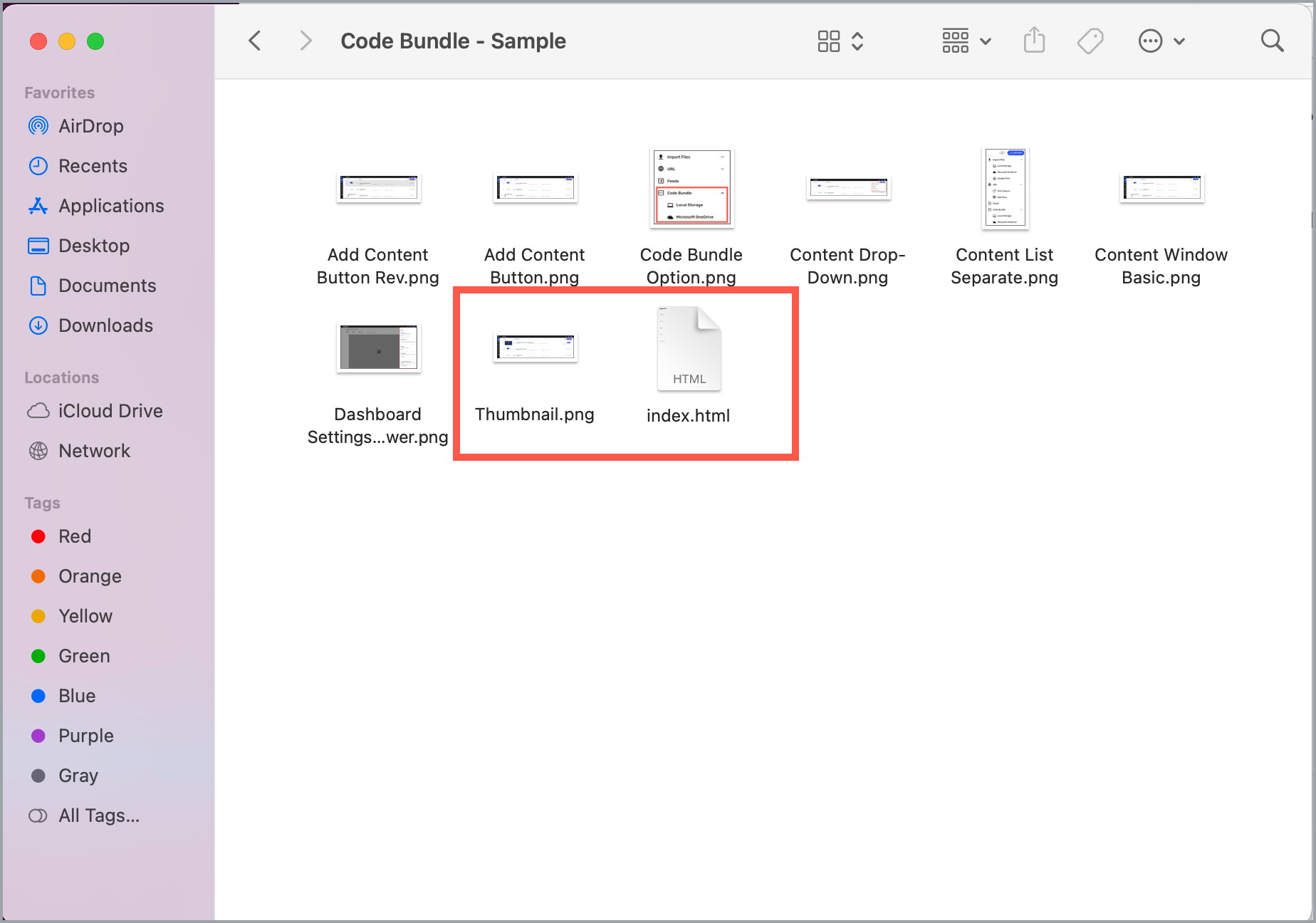 Code Bundle folder - thumbnail and index files highlighted