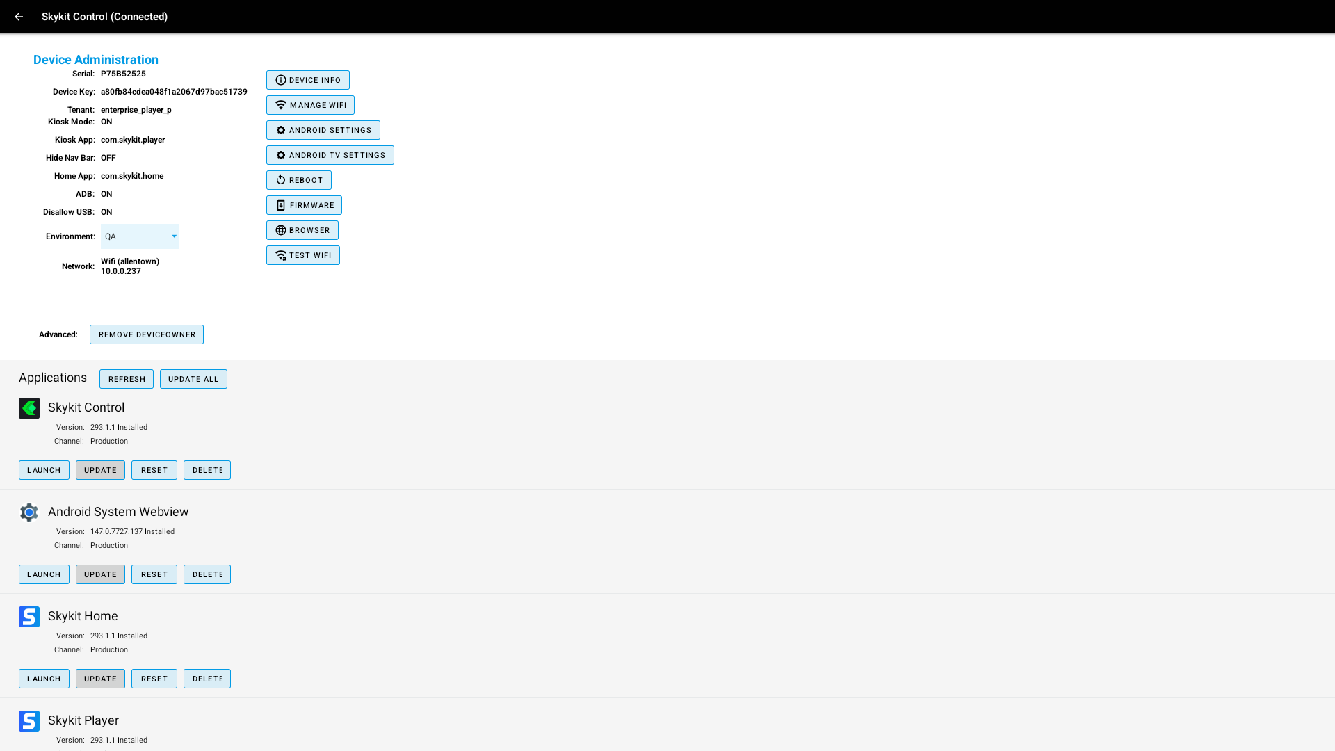 Device administration interface displaying settings and applications for Skykit Control.