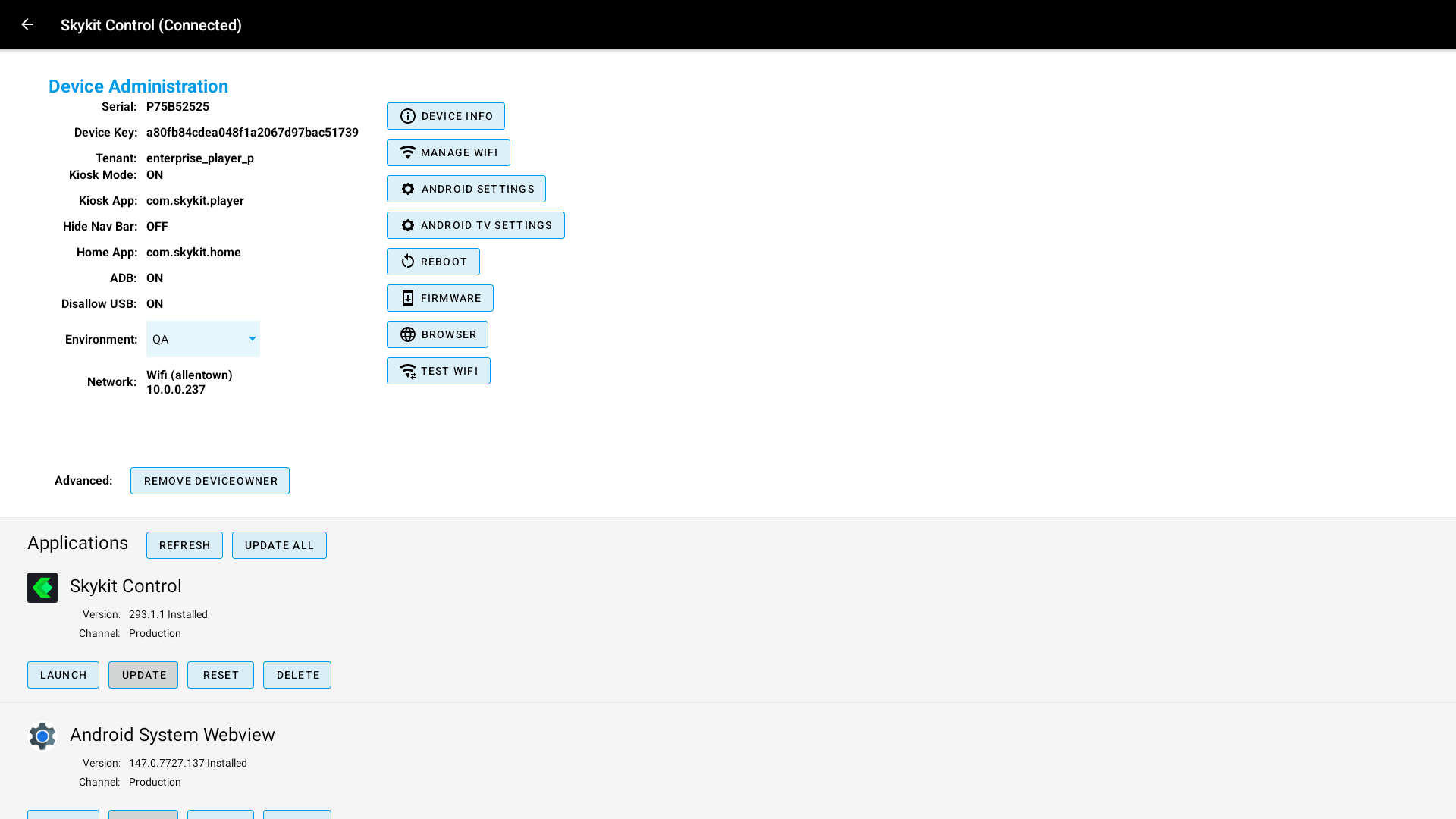 Device administration settings showing network, applications, and control options for Skykit.