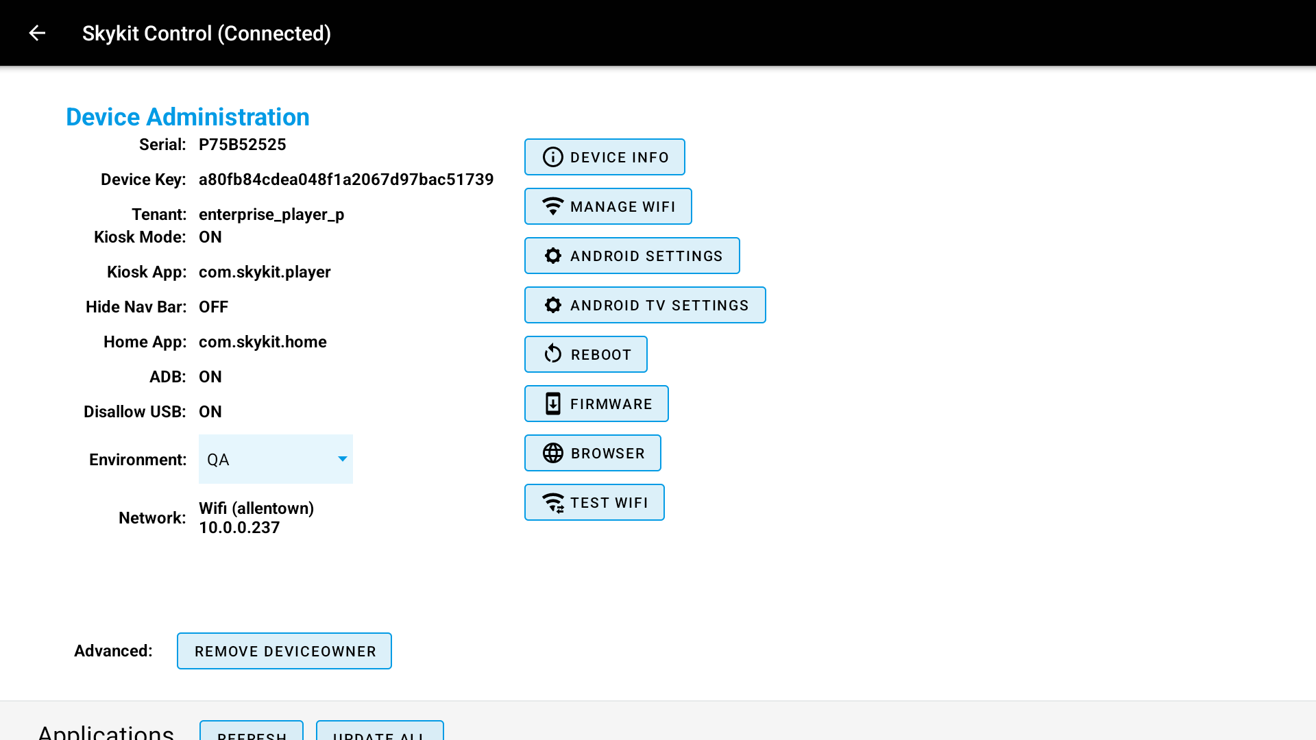 Device administration settings showing serial number, device key, and various options.