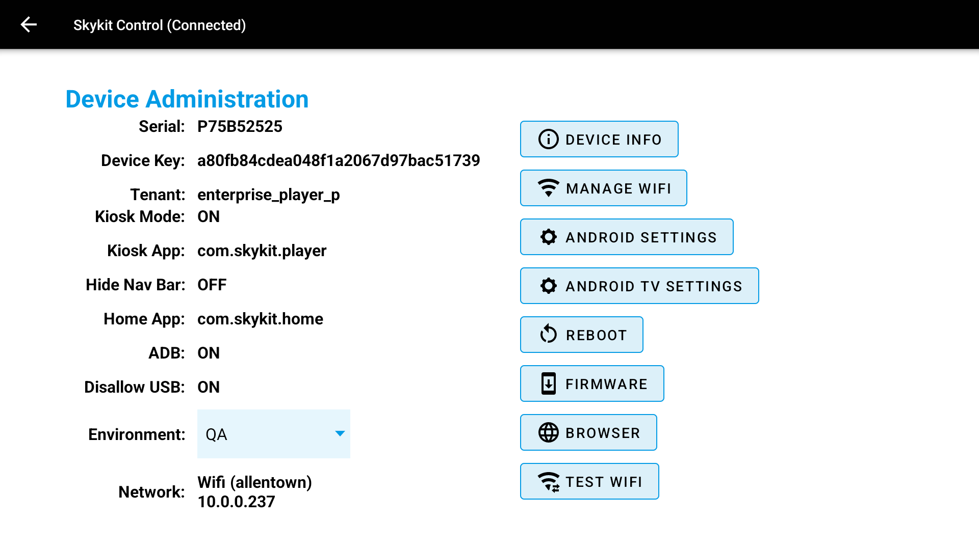 Device administration settings showing serial, tenant, and various configuration options.