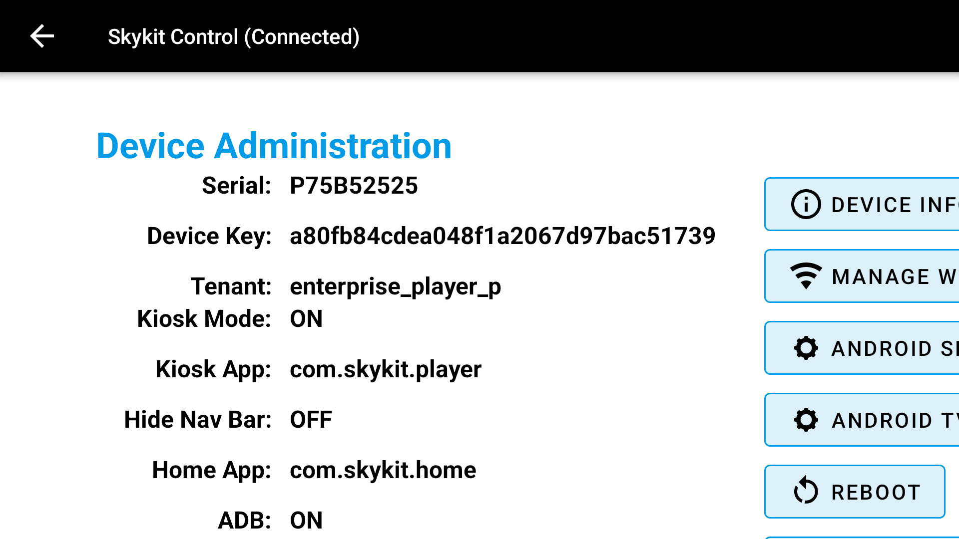 Device administration settings showing serial, device key, and kiosk mode status.