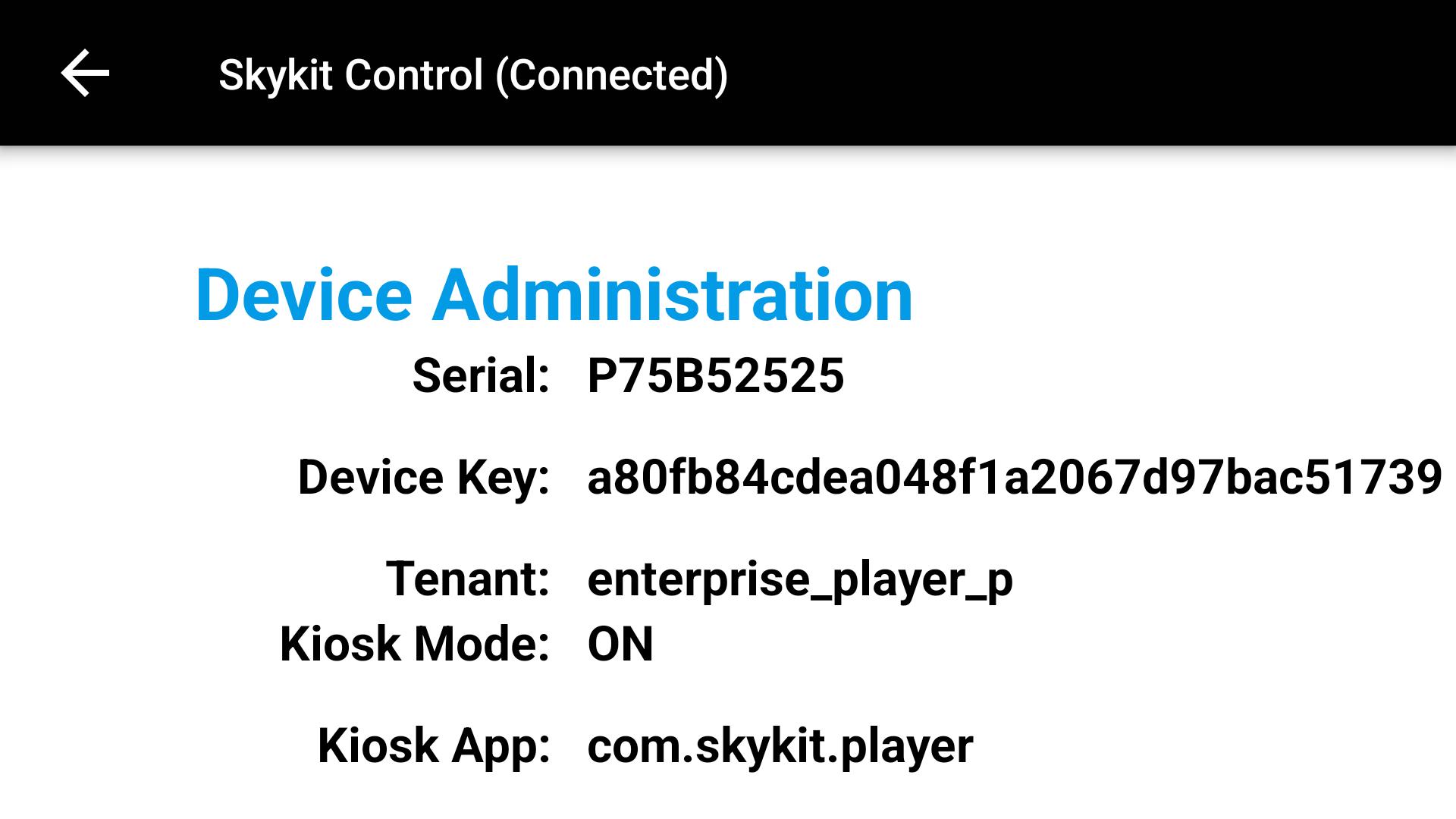 Device administration details including serial number, device key, and kiosk mode status.