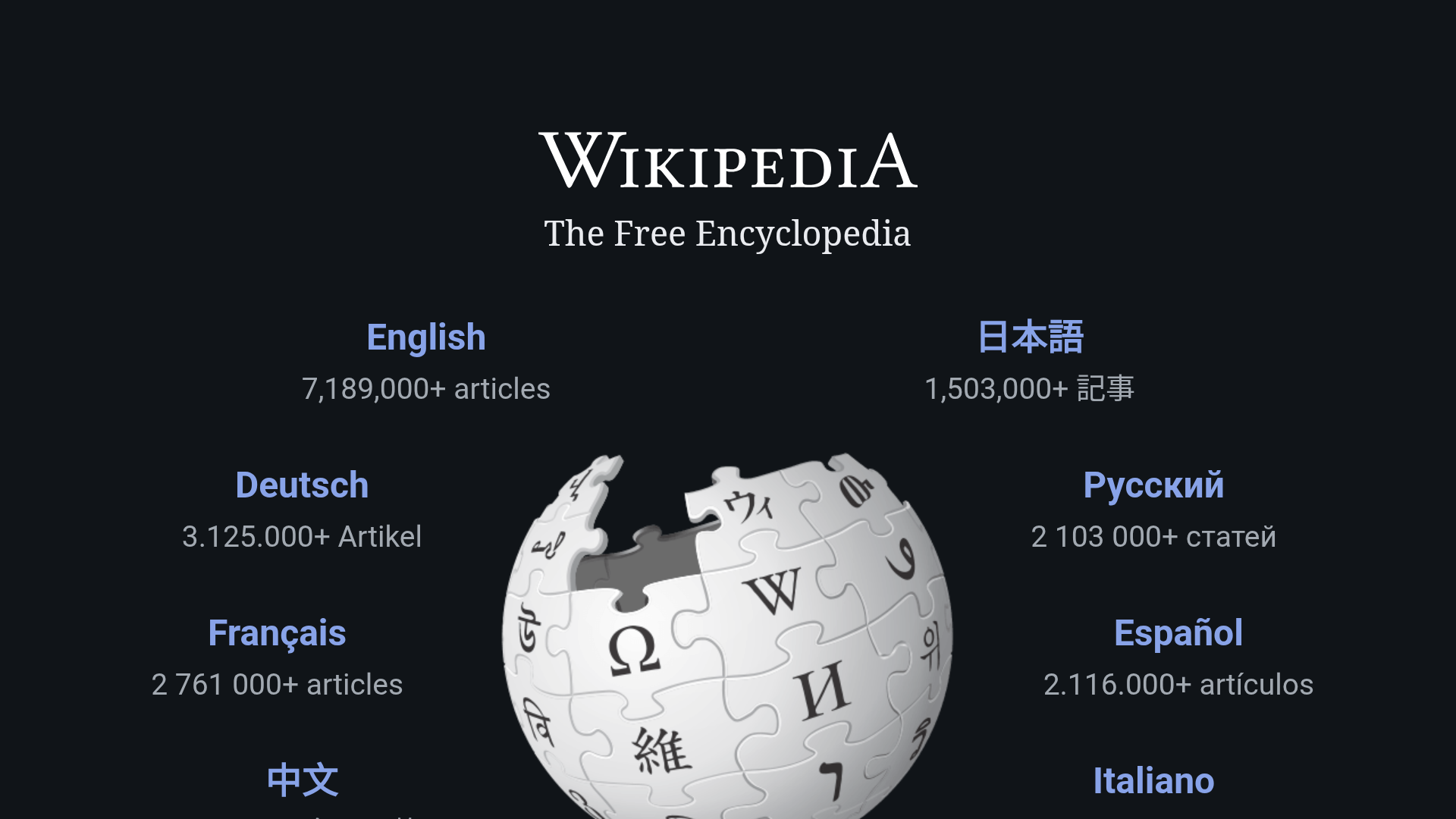 Wikipedia's language options with article counts displayed for various languages.