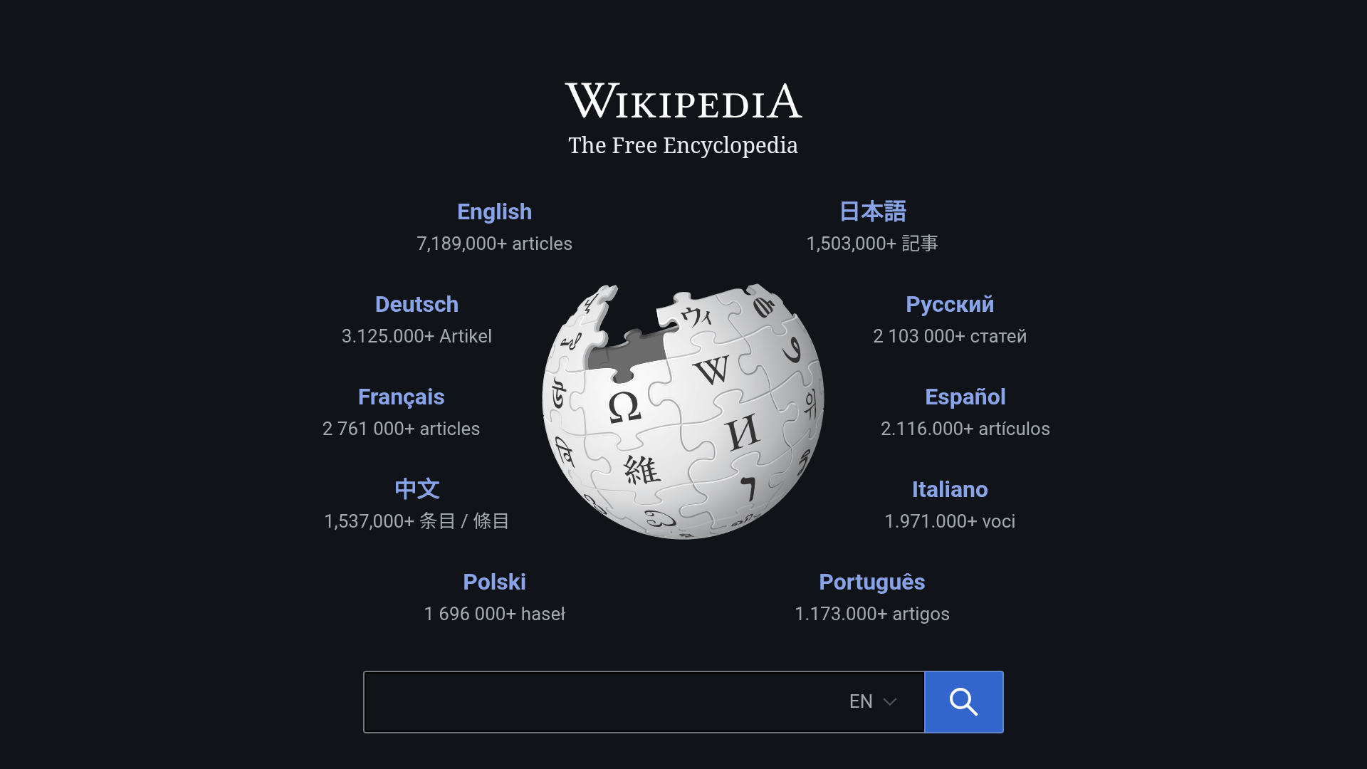Wikipedia homepage displaying various language options and article counts for each language.