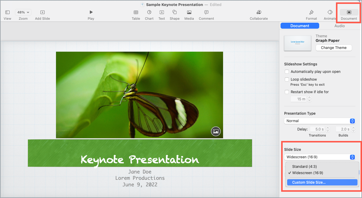 Keynote presentation - Slide Size drop-down highlighted