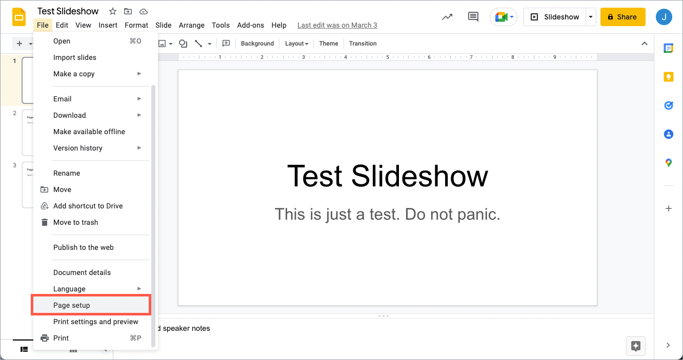 Google Slides page setup on File menu
