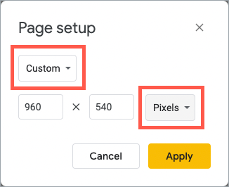 Google Slide Page Setup - custom settings