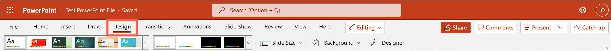 PowerPoint ribbon - Design tab highlighted