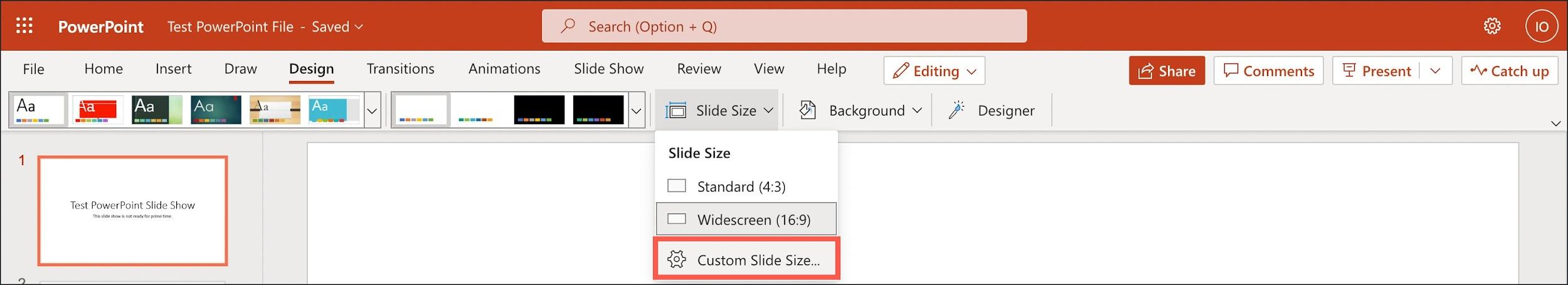 PowerPoint - Slide Size menu open, Custom Slide Size highlighted