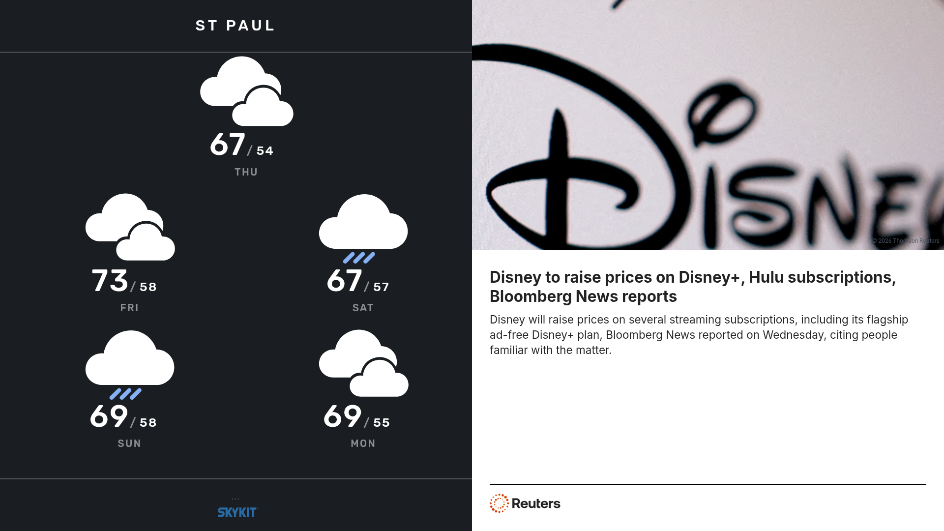 Weather forecast for St. Paul and Disney subscription price increase news.