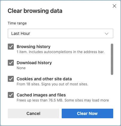 Edge browser - Clear browsing data window