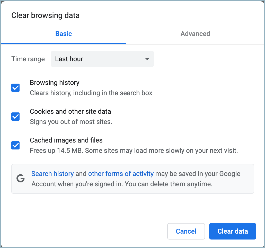 Chrome - Clear browsing data window