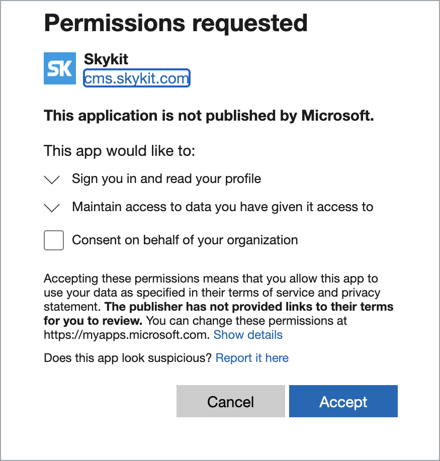 Permissions requested window