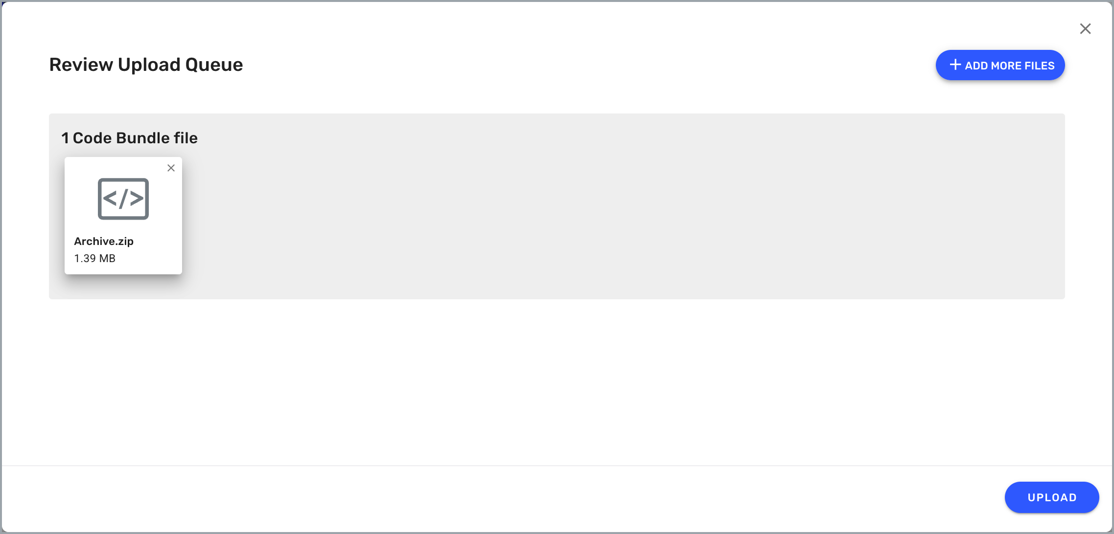 Review Upload Queue window showing Code Bundle file