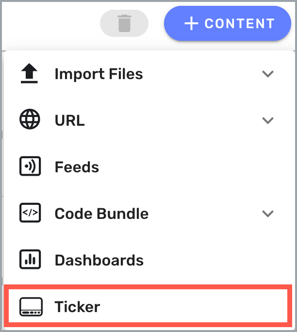 Content drop-down list - Ticker option highlighted