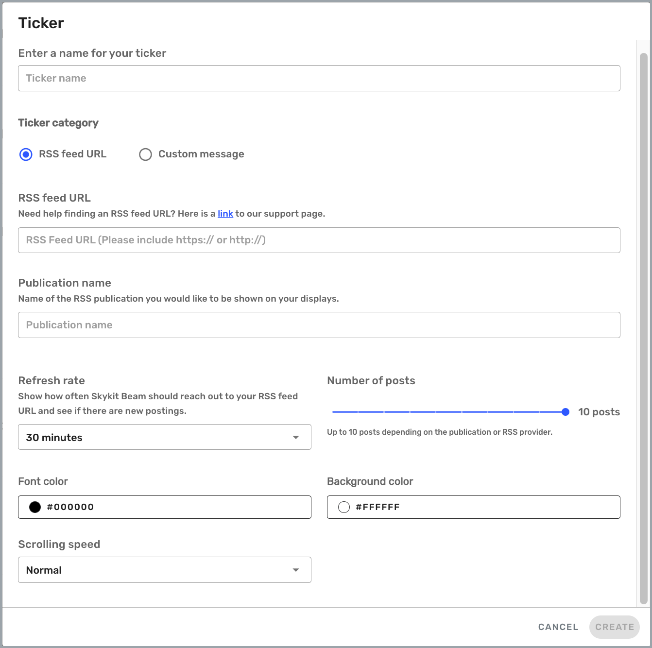 RSS Feed Ticker settings window