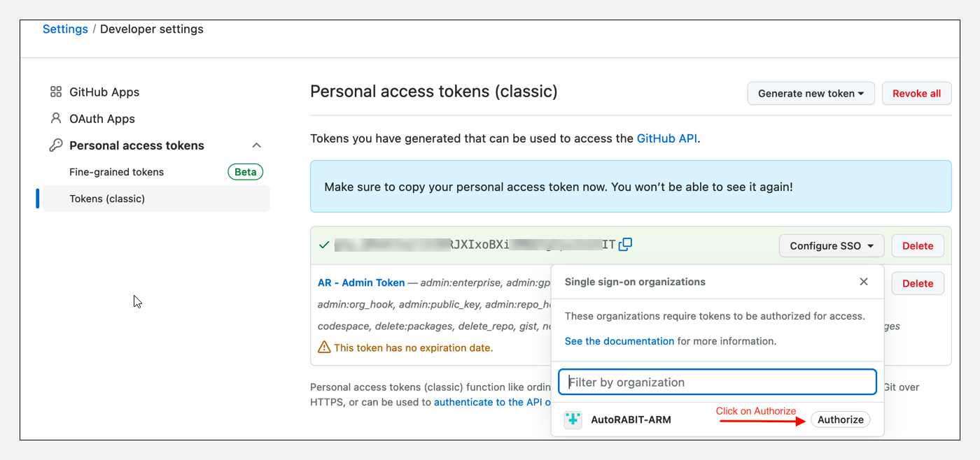A screenshot of personal access tokens under settings / developer settings