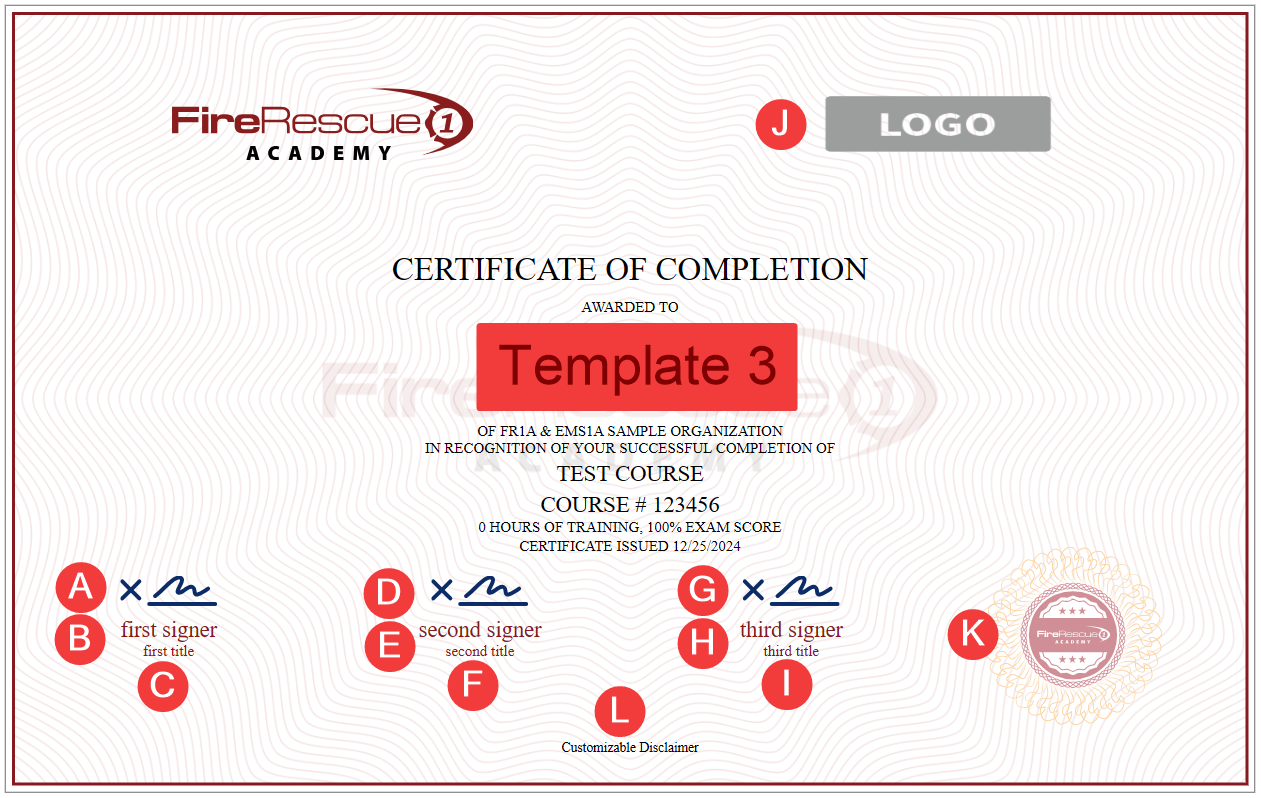 A certificate of completion with red text  Description automatically generated