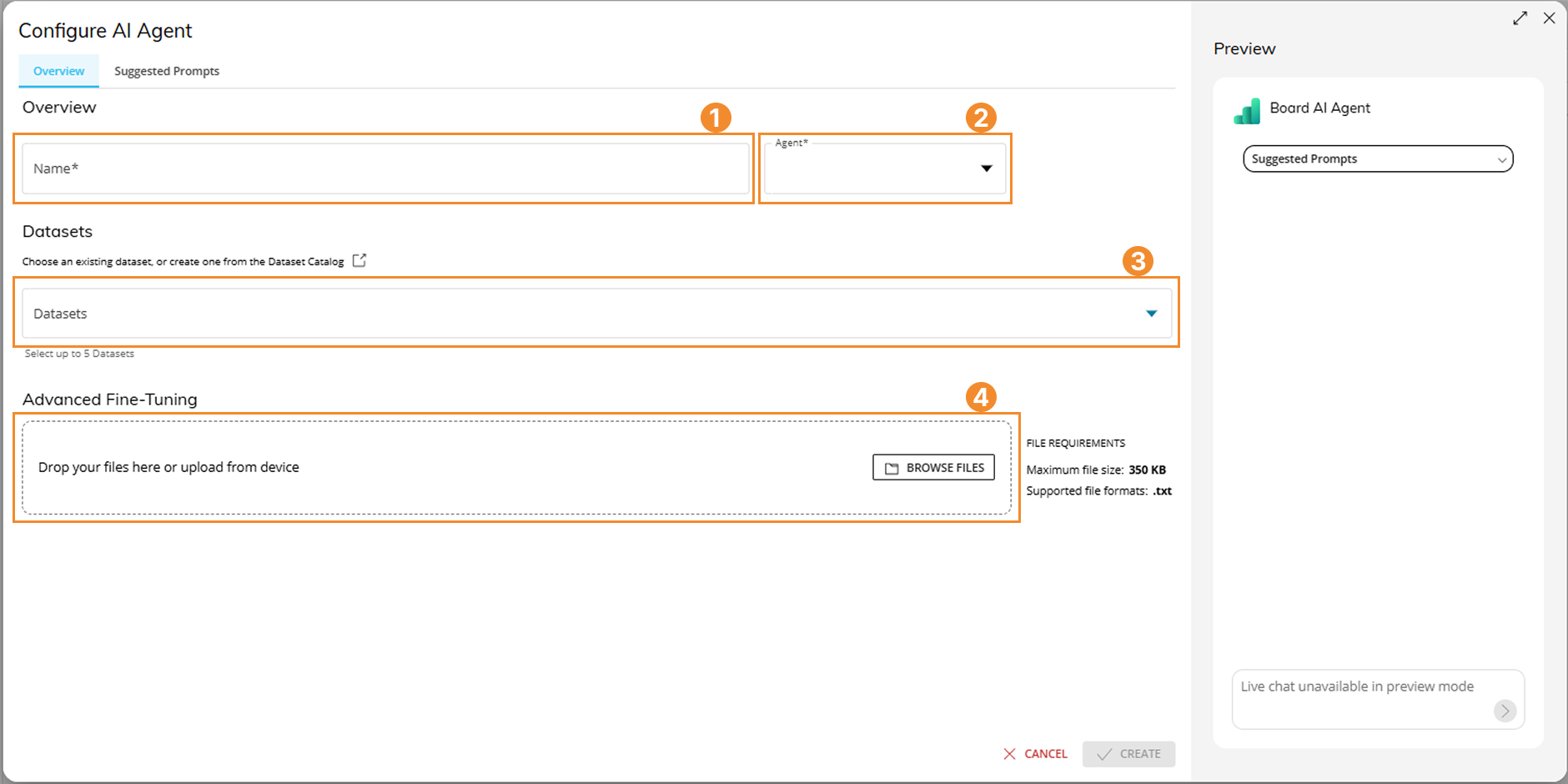 Configuration options for an AI agent, including name, datasets, and fine-tuning settings.