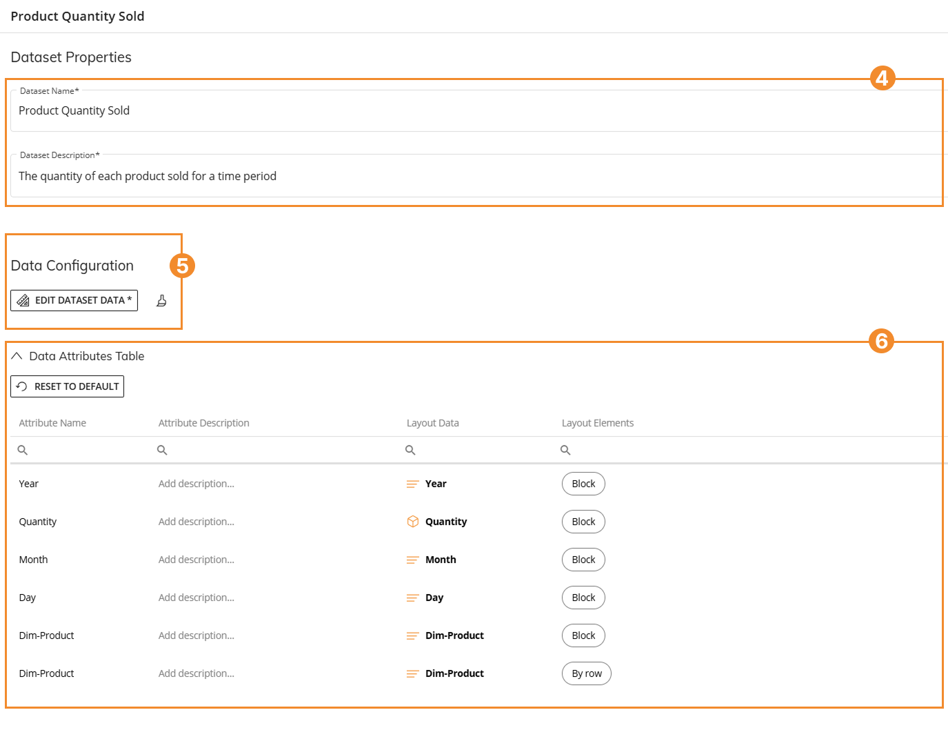 Overview of dataset properties and configuration for product quantity sold analysis.
