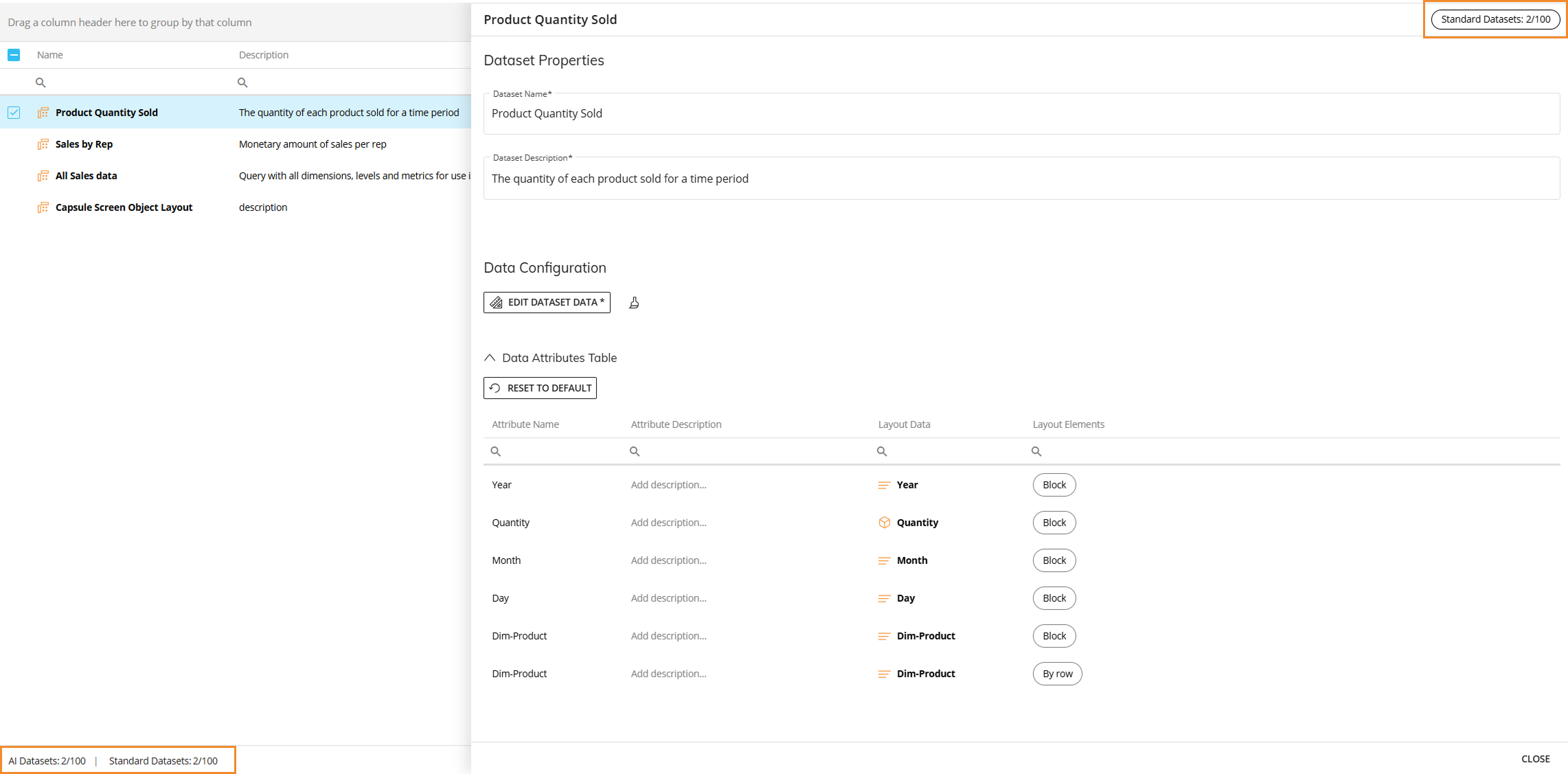 Configuration settings for the Product Quantity Sold dataset and its attributes.