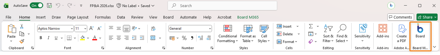Board M365 Excel Add-in Ribbon Menu