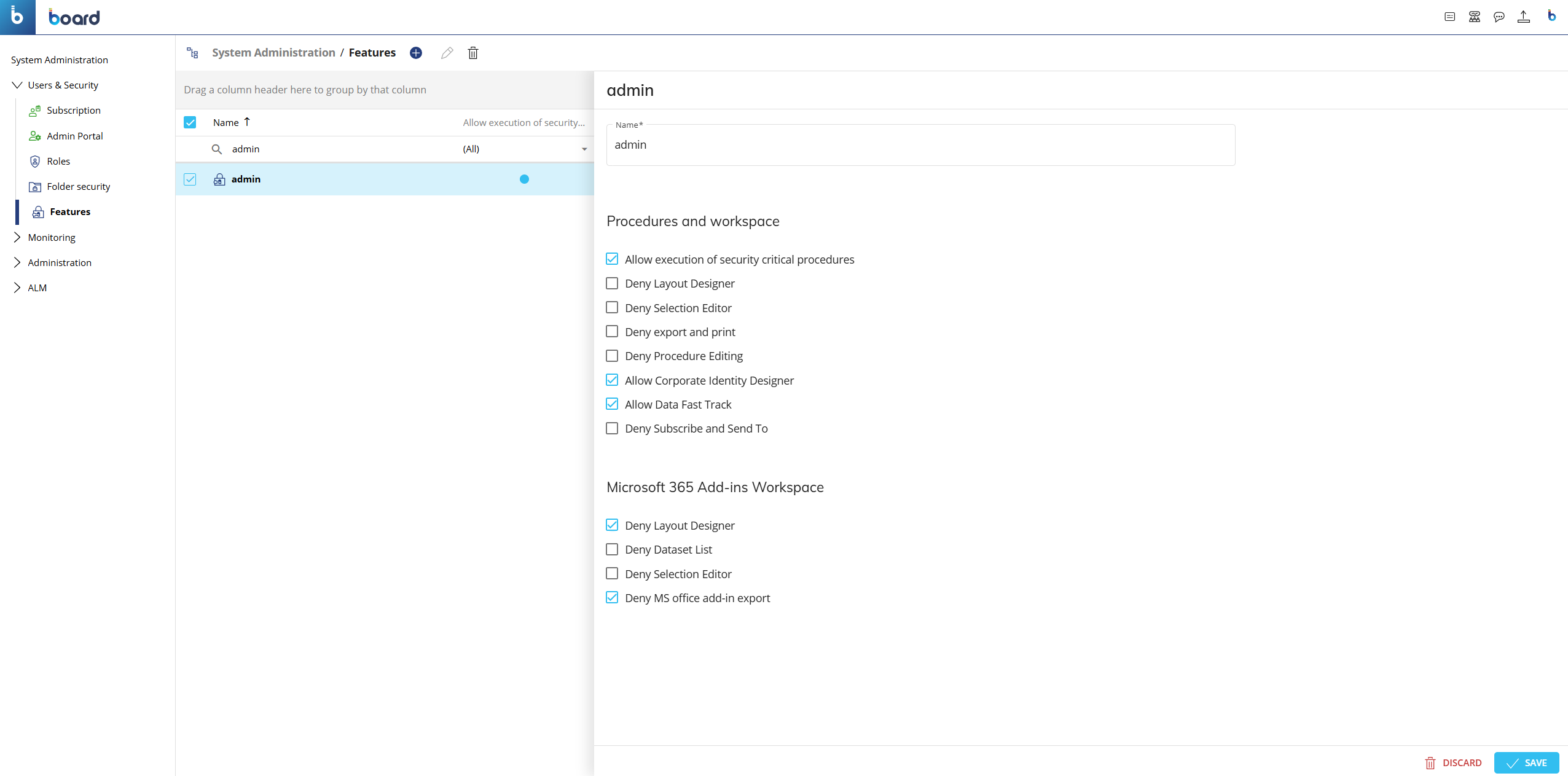 Features profile properties panel open with options for security procedures and Microsoft 365 add-ins.