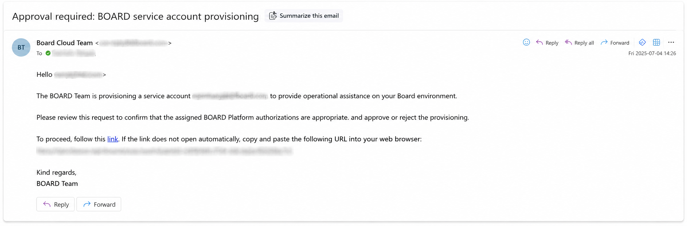Email requesting approval for BOARD service account provisioning with a link provided.