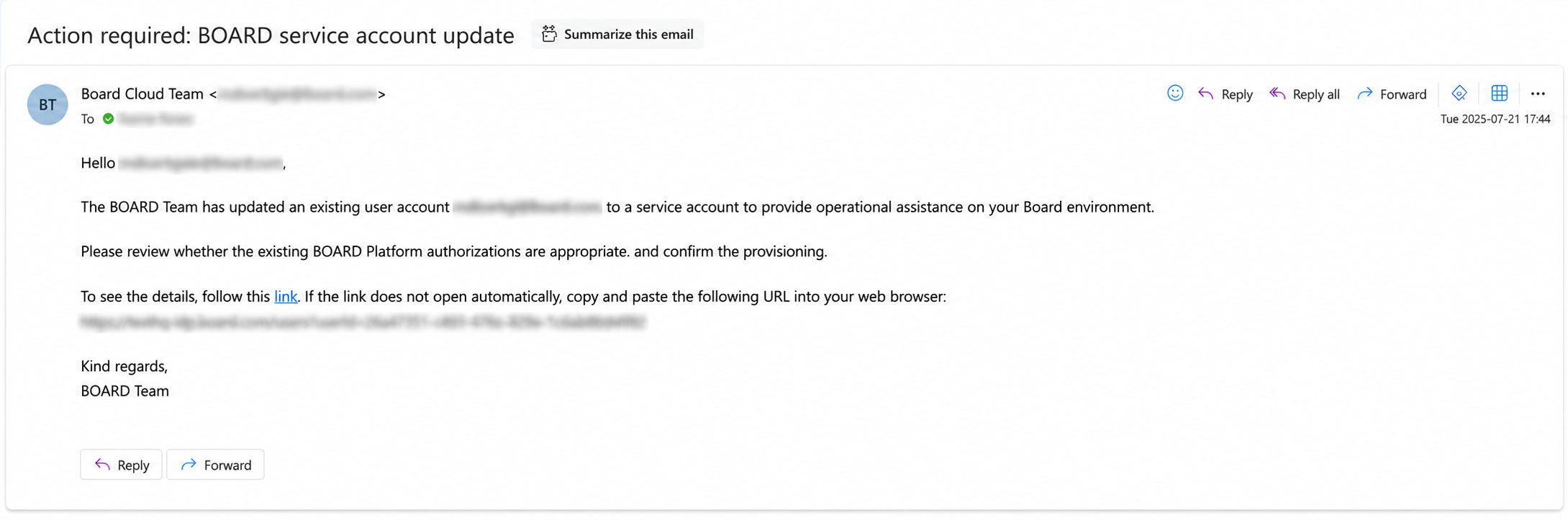 Email notification regarding BOARD service account update and required actions for users.