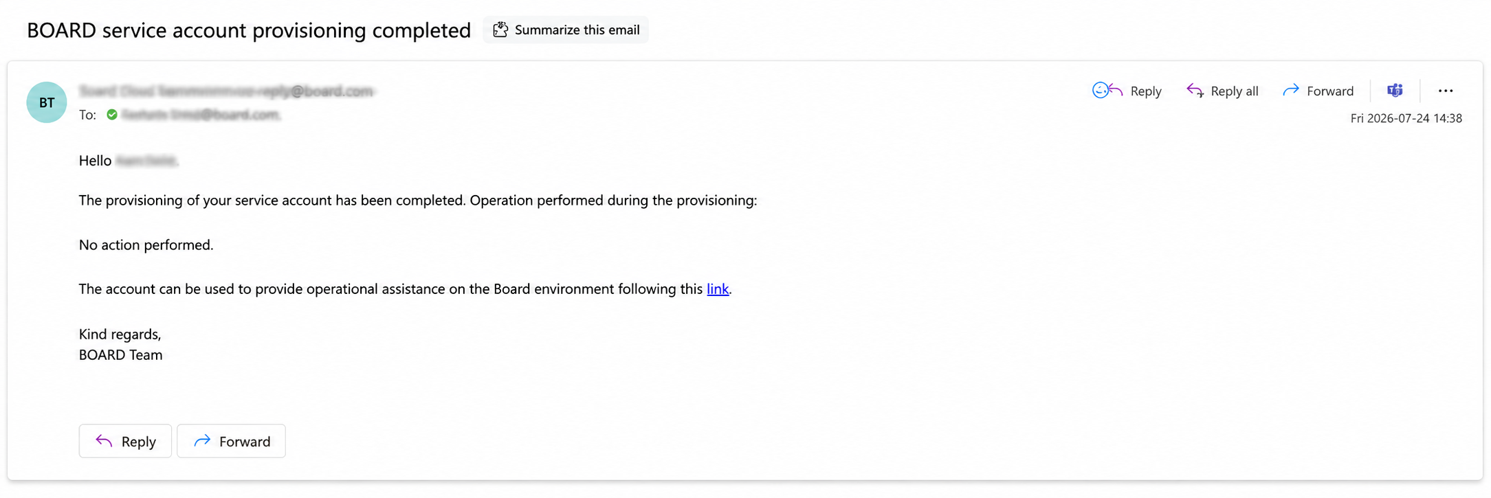 Email notification confirming completion of service account provisioning by BOARD Team.