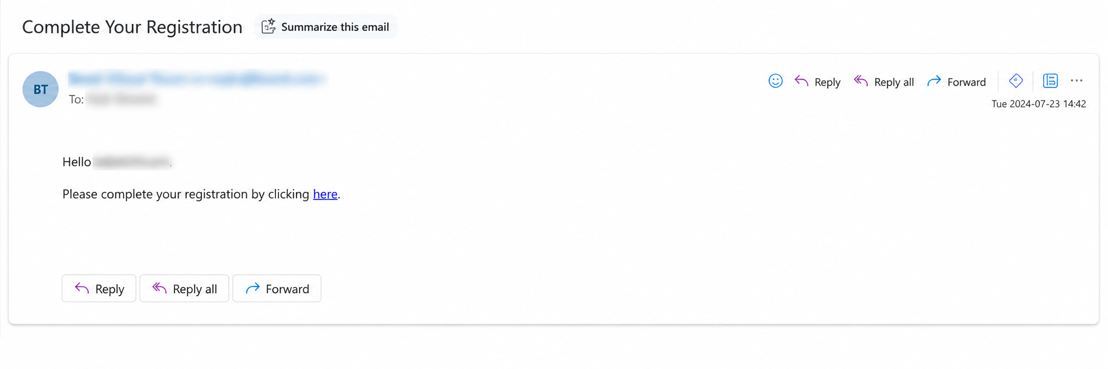 Email requesting completion of registration with a clickable link provided.